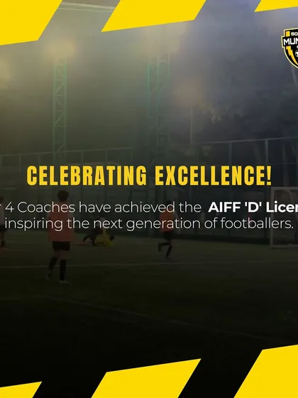 We celebrate excellence. This graphic marks the achievement of four of our coaches earning their AIFF 'D' License, a testament to our commitment to quality training.