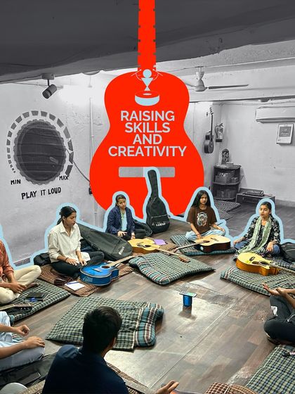 "Raising Skills and Creativity." The red guitar graphic emphasizes our goal of nurturing both technical ability and artistic expression in our students.