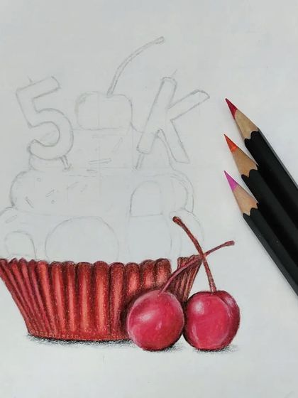 The first WIP of the 5K cupcake, with the cherries and cupcake liner fully colored.