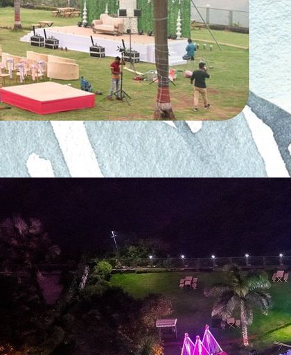 A look at our team setting up the stage and sound for an outdoor event. We coordinate with all vendors to ensure a seamless technical production.