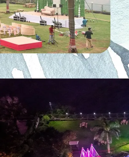 A look at our team setting up the stage and sound for an outdoor event. We coordinate with all vendors to ensure a seamless technical production.