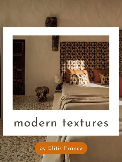 Modern textures from Élitis France redefine this bedroom space. The geometric patterned headboard creates a bold focal point, demonstrating how our wallcoverings can offer a unique blend of color and design to elevate any room.