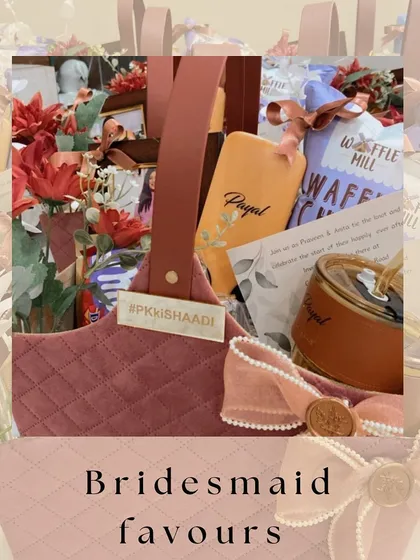 A summary of our beautiful bridesmaid favours, showcasing the custom hashtag, personalized items, and the overall aesthetic of the gift basket.