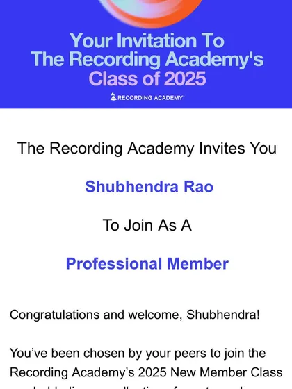 I am truly honored to have been invited to join The Recording Academy as a professional member. This recognition from my peers at the Grammys is a humbling and deeply gratifying moment in my journey.