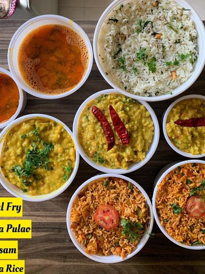 A simple, comforting meal combination. Here is Dal Fry, Tawa Pulao, Rasam, and Jeera Rice, perfect for a wholesome lunch or dinner.
