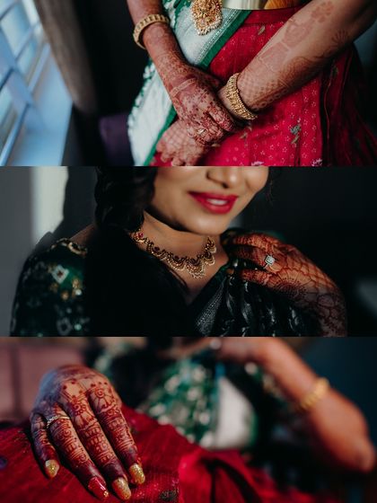 A collage of a bride's portraits, focusing on the intricate details of her mehendi and traditional attire.