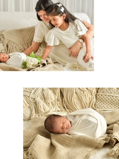 This collage shows both a mother and sister admiring their newborn, and a separate shot of the baby sleeping peacefully. It tells a story of family love and serene new beginnings.