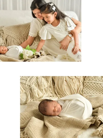 This collage shows both a mother and sister admiring their newborn, and a separate shot of the baby sleeping peacefully. It tells a story of family love and serene new beginnings.