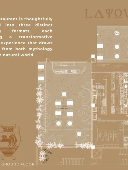 The ground floor layout for Skyro, with a capacity for 110 guests. The restaurant is thoughtfully divided into three distinct seating formats, each offering a transformative dining experience.