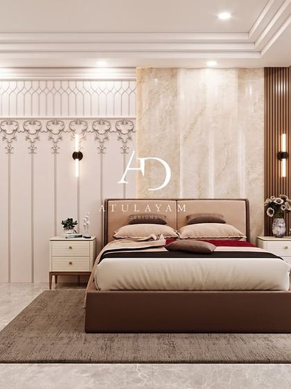 A serene bedroom with a mix of textures, including vertical wall paneling, marble, and a traditional patterned wallpaper border.