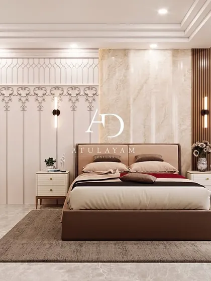 This bedroom design features a mix of textures, including marble, wood paneling, and wallpaper, creating a sophisticated and layered look.
