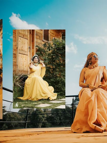 A stylish collage of the bride's portraits from her Haldi, showcasing her beautiful yellow outfits.