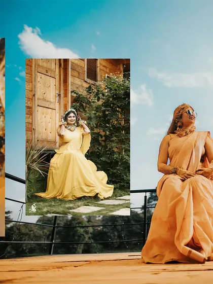 A stylish collage of the bride's portraits from her Haldi, showcasing her beautiful yellow outfits.