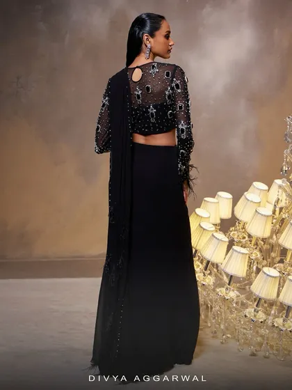 The back view of the Diana Saree Set, featuring a keyhole detail on the blouse and the elegant flow of the draped fabric.