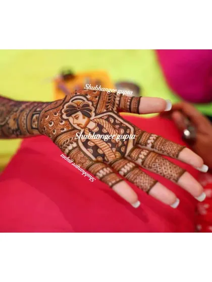 A close up of a groom portrait on the bride's hand. Capturing likenesses in henna is a special skill that makes any bridal design truly one of a kind. I teach the fundamentals of portraiture in my advanced workshops.