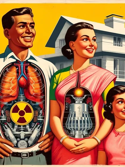 An illustration from my 'Parmanupunk' series showing a family with cutaways revealing their nuclear reactors. This series explores an alternate history powered by atomic energy.