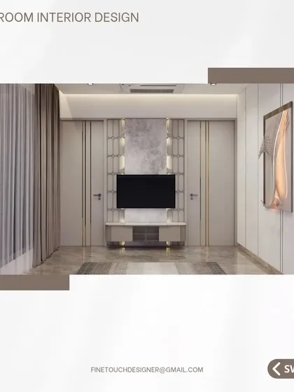 Another view of the TV and wardrobe wall, showing the seamless integration of storage. The full-height wardrobes with minimalist handles maintain the room's clean and spacious aesthetic.