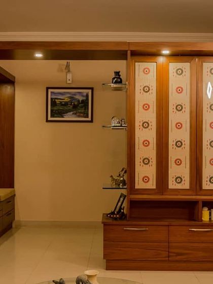 The panels are fully rotated here to display a bold, circular pattern, completely changing the energy of the room from the more subtle fabric shown in other images.