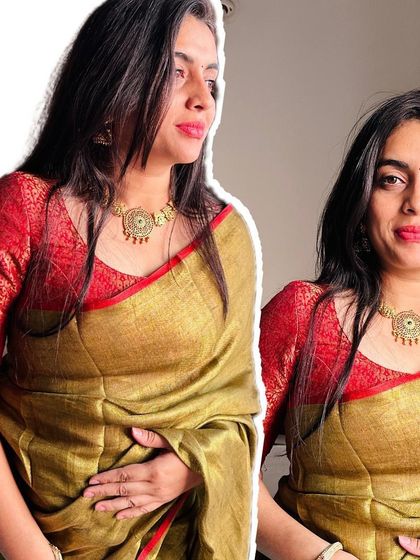 A collage showing different angles of the copper tissue saree, emphasizing its beautiful drape and rich color.