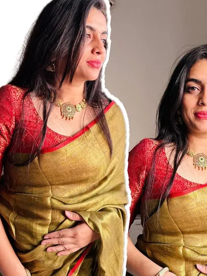 A collage showing different angles of the copper tissue saree, emphasizing its beautiful drape and rich color.