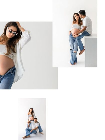 This collage highlights the fun, stylish, and loving moments from a casual denim maternity session. It shows a range of poses from solo glam to sweet couple interactions.