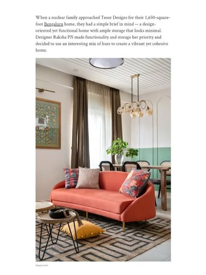 Another clipping from our Architectural Digest feature, highlighting the vibrant orange sofa and the cohesive design of the 'Colorpop Home'.