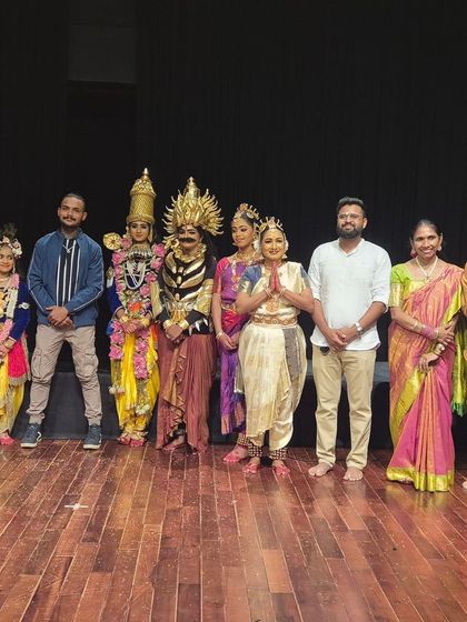 The full cast of our dance drama "Krishna" on stage at Jagriti Theatre. It takes a dedicated team to bring these large-scale productions to life.