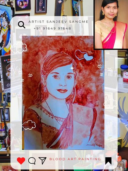 A finished blood art portrait, ready for framing. The hearts in the background were a special request from the client to add a touch of romance to the piece.