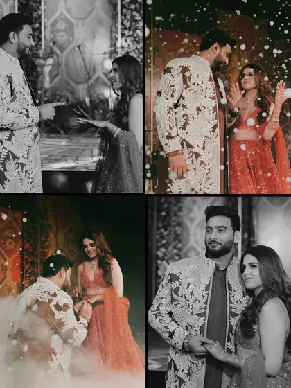 A collage of special moments from a surprise proposal during the sangeet. It shows the groom getting down on one knee amidst a shower of artificial snow, capturing the joy and surprise of the moment.