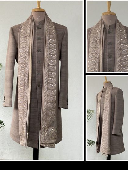 A classic Matka Silk Achkan in a rich brown, teamed up with a paisley dupatta. This is a stylish move for the upcoming festive vibes.