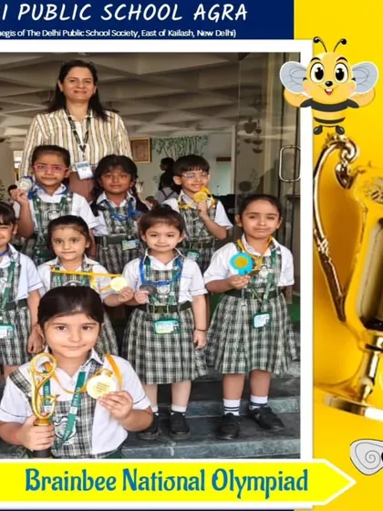 Young artists from the Drawing and Colouring competition (Group A) at DPS Agra with their 2024 Olympiad awards.