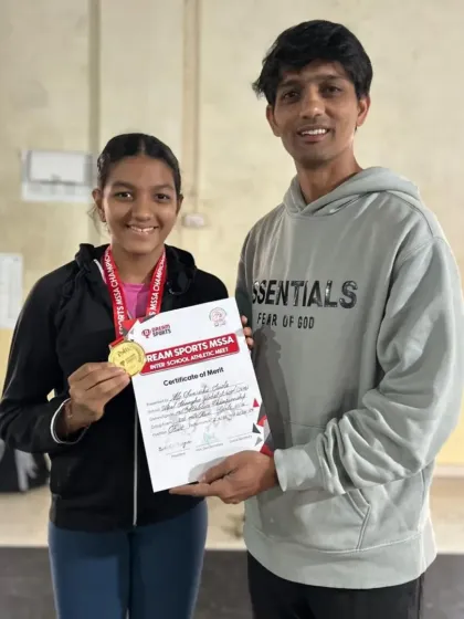 Sanisska with her coach and her gold medal from the MSSA 800m event, celebrating a well-deserved victory.
