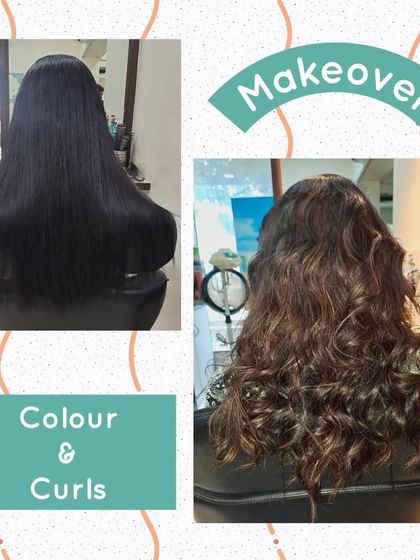 For this client, we added both color and curls. After applying a warm brown base color with subtle highlights, we styled the hair into defined curls to create a fun, voluminous, and completely new look.