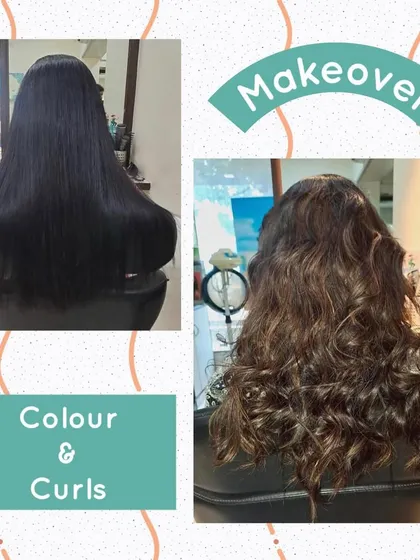 For this client, we added both color and curls. After applying a warm brown base color with subtle highlights, we styled the hair into defined curls to create a fun, voluminous, and completely new look.