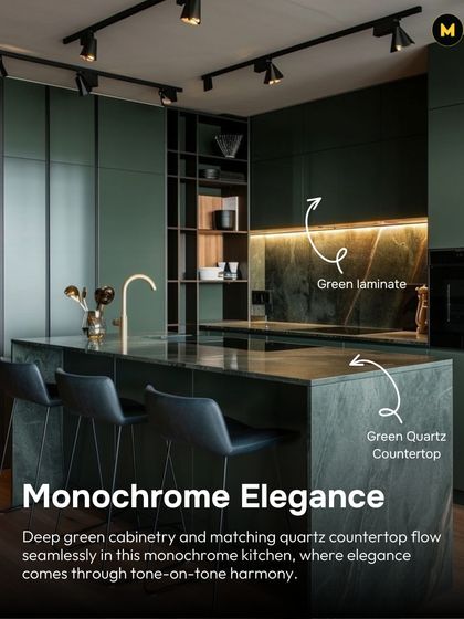 This monochrome kitchen achieves elegance through tone-on-tone harmony. Deep green cabinetry flows seamlessly into a matching green quartz countertop, creating a bold yet refined look.