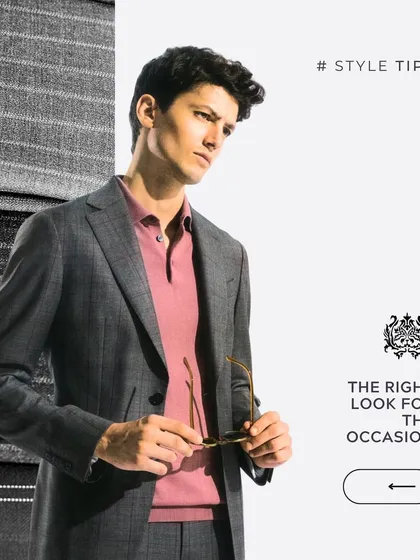 The right look for the right occasion. This grey suit paired with a pink polo shirt is a great example of smart-casual dressing.