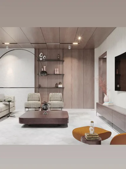 Another perspective of the minimalist living room, highlighting the wood-paneled accent wall with integrated shelving. The design uses a mix of textures and subtle architectural details, like the arched niche, to add depth and character.