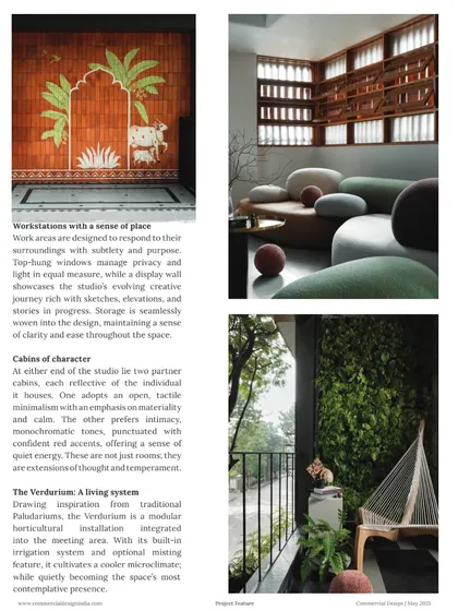 An article from Commercial Design magazine featuring our studio, Akshara Vinyasaa. The feature highlights our use of biophilic design principles, such as the 'Verdurium,' a living horticultural installation that helps cool the space naturally.
