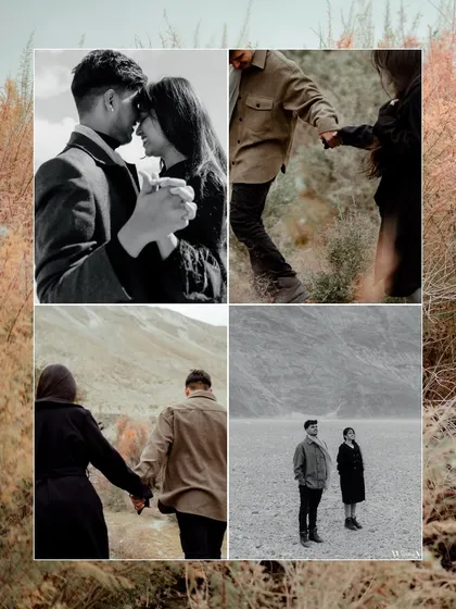 A four-part story from a Ladakh adventure. This collage blends intimate close-ups with wider shots of the couple exploring the unique terrain, telling a story of togetherness and exploration.