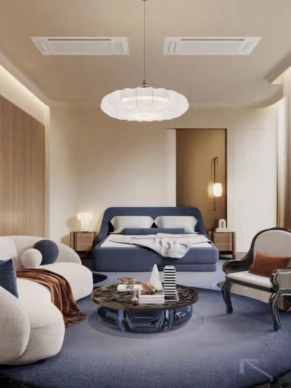 These two images present the same bedroom layout with two different color schemes, one in warm red and one in cool blue. This demonstrates how our visualizations can be used to explore and decide on color palettes.