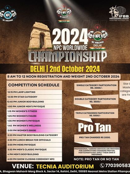 The official competition schedule for the NPC Delhi Championship. We provide a clear and organized structure for all athletes competing in various categories.