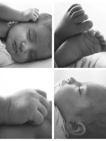 A four-panel black and white collage focusing on the delicate features of a sleeping newborn, from their tiny hands to their peaceful face and little feet.