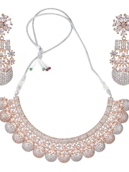 A stunning American Diamond and rose gold choker set. The intricate design with floral and dome-shaped elements makes it a perfect choice for weddings and receptions.