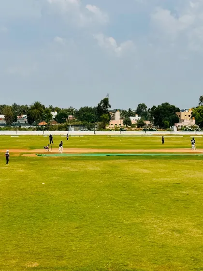 A wide view of a match in progress during our RSCA League. Players get accustomed to playing on a full-sized ground with proper field settings.