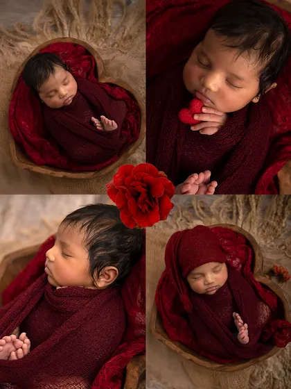 A rich and warm collage in shades of deep red. It features four different poses of a baby in a heart-shaped bowl, creating a passionate and loving visual story.