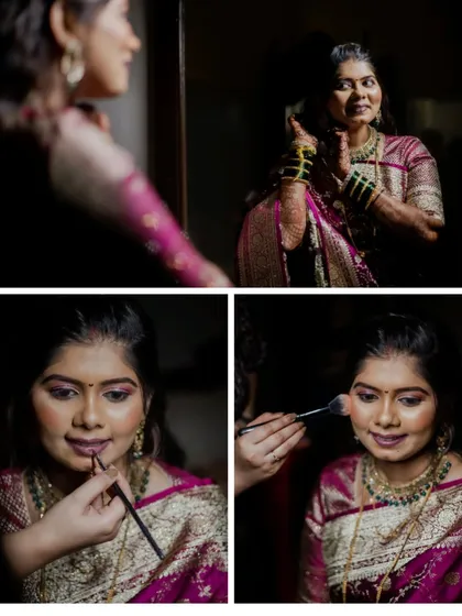 Getting ready for the big day. This collage shows the bride's makeup application and her final look, capturing the transformation and excitement.