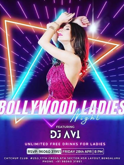 Another flyer for my popular Friday Ladies Night at Catch Up. The neon retro theme perfectly matches the high-energy Bollywood music.
