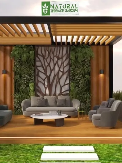 A 3D design proposal showcasing a cozy seating area under a modern pergola. The design incorporates a raised wooden deck, a vertical garden for a touch of green, and strategic lighting, allowing clients to visualize the final ambiance before we begin building.