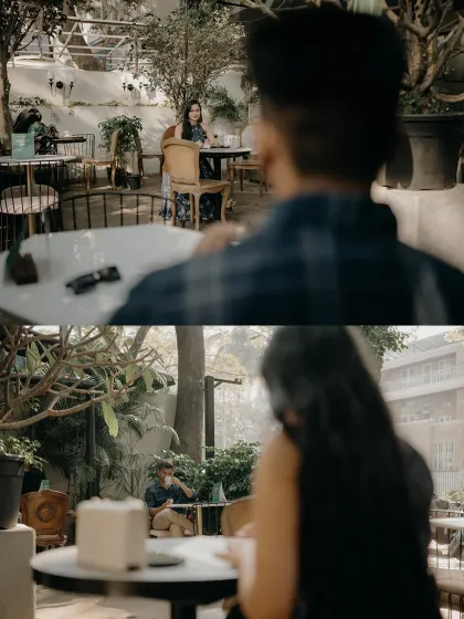 The first glance across a café. These over-the-shoulder shots create a cinematic feeling of two worlds about to connect, capturing the anticipation of a new love story.