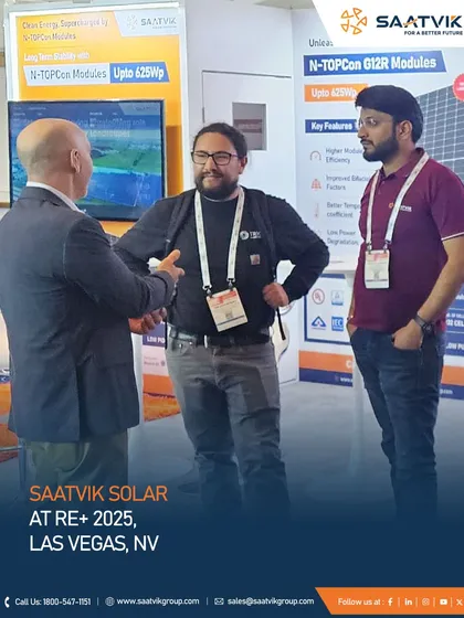 Our team engaging with innovators and partners at RE+ 2025 in Las Vegas. These global platforms allow us to connect with thought leaders and represent India's growing strength in the renewable energy sector.